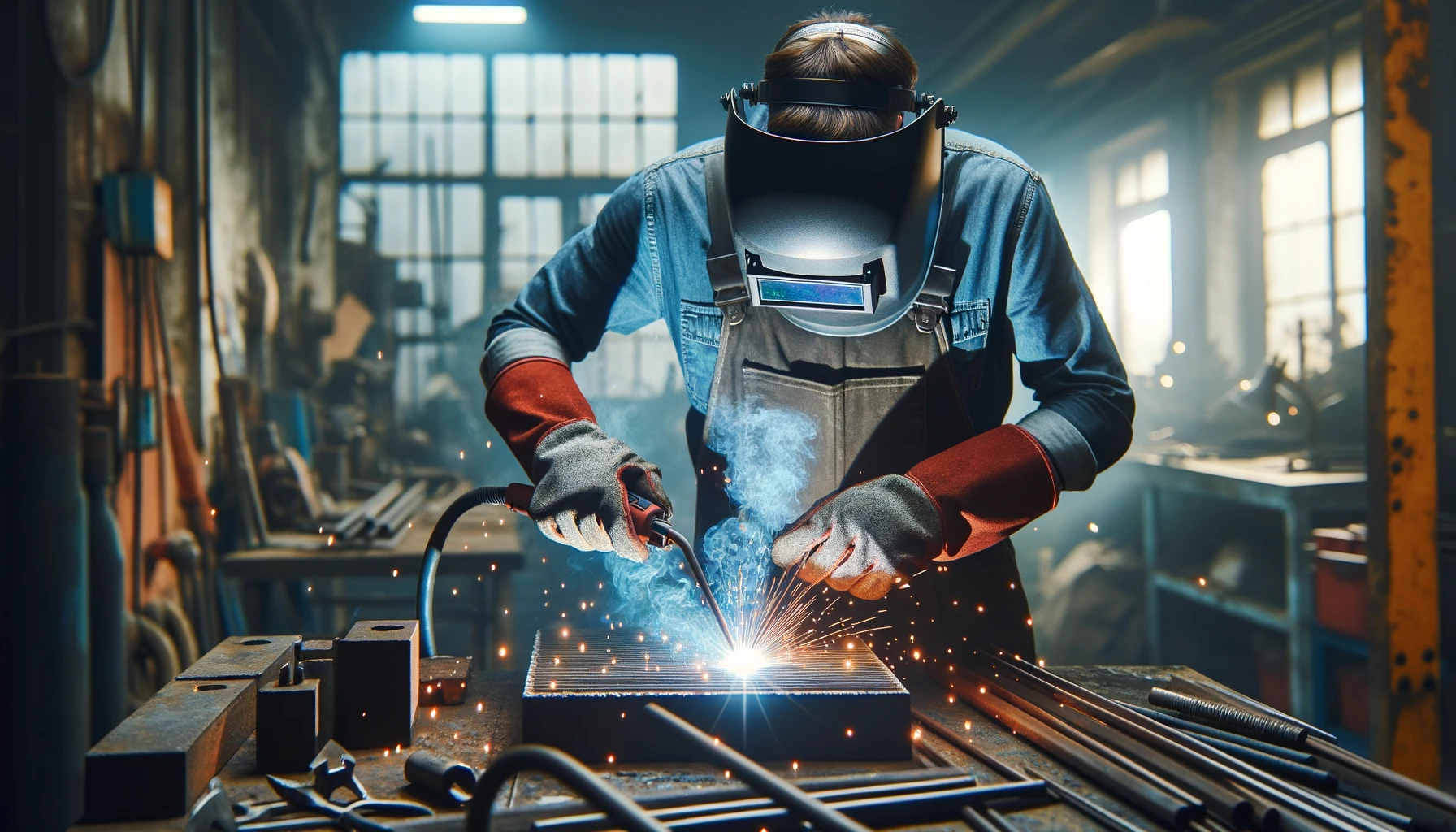 Professional welder in a workshop with protective gear and sparks flying.