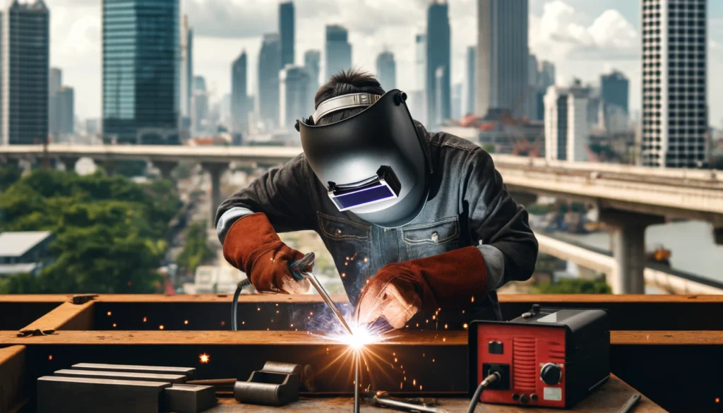 Professional welder working on a large metal structure outdoors with a cityscape in the background.