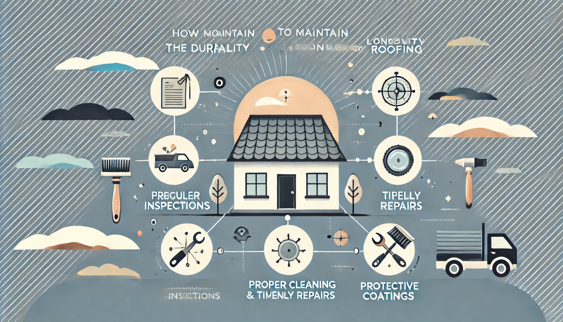 "Infographic on How to Maintain the Durability and Longevity of Metal Roofing with icons of a house with a metal roof, inspection tools, a cleaning brush, and repair tools, showing steps for regular inspections, cleaning, and repairs."