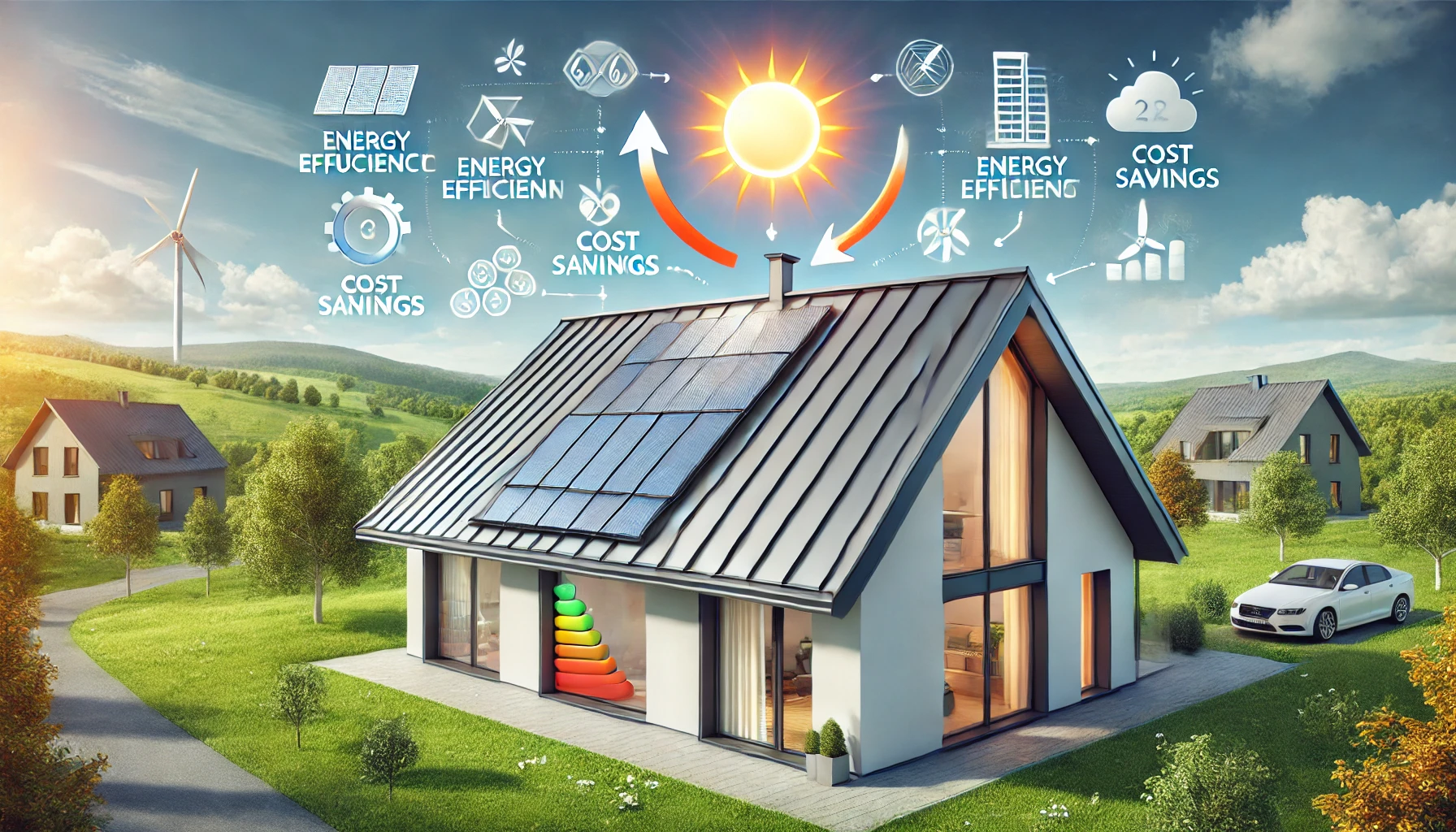 "Illustration of a modern house with metal roofing, showcasing energy efficiency and cost savings with heat reflection, insulation, and solar panels under a sunny sky with green surroundings."