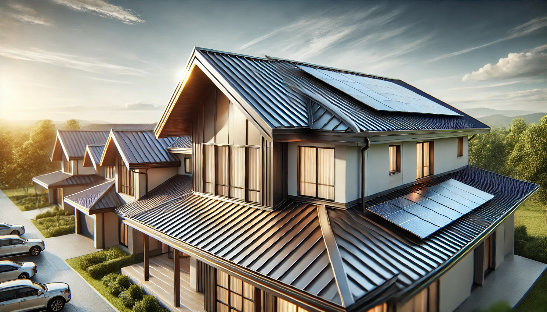 Metal roof on a modern house under a clear sky, featuring interlocking panels, rust-resistant coating, sturdy installation, and integrated solar panels for energy efficiency.