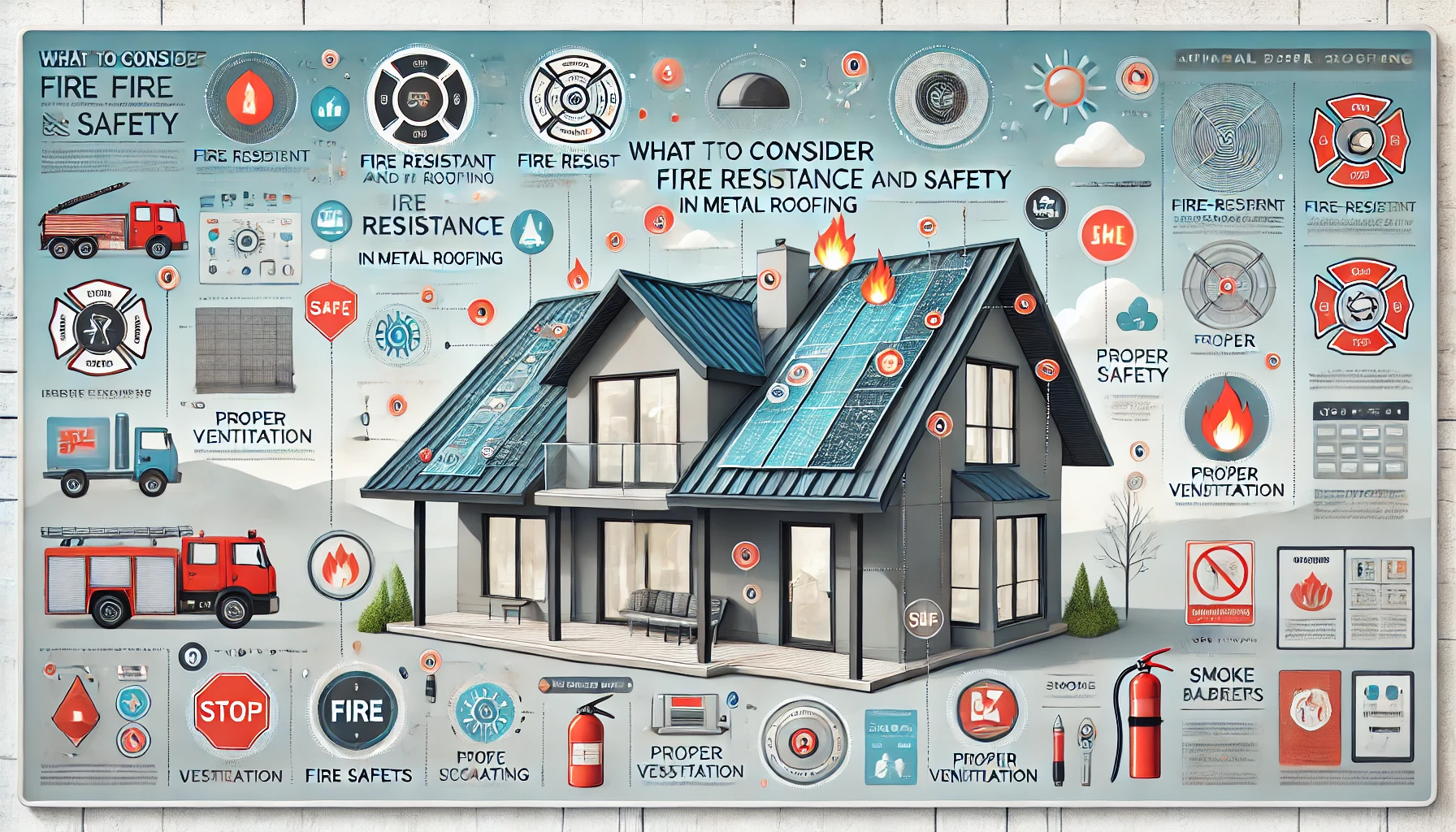 Infographic titled 'What to Consider for Fire Resistance and Safety in Metal Roofing,' featuring a metal roof with labeled fire-resistant coating, ventilation, and fire barriers, along with fire safety icons and a modern home backdrop.