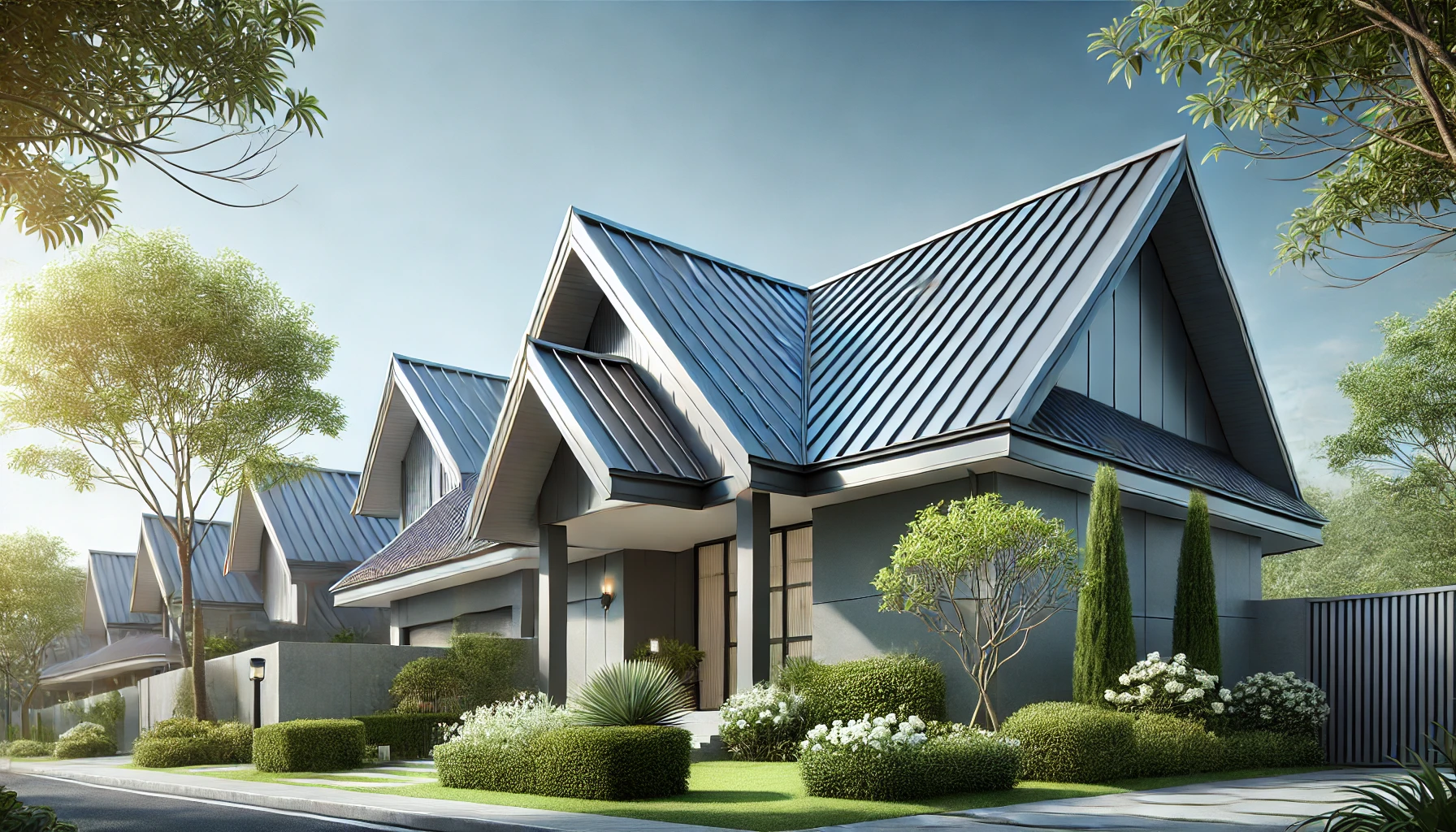 Modern house with a sleek metal roof surrounded by a well-maintained garden, illustrating low maintenance requirements. Clear blue sky in the background.