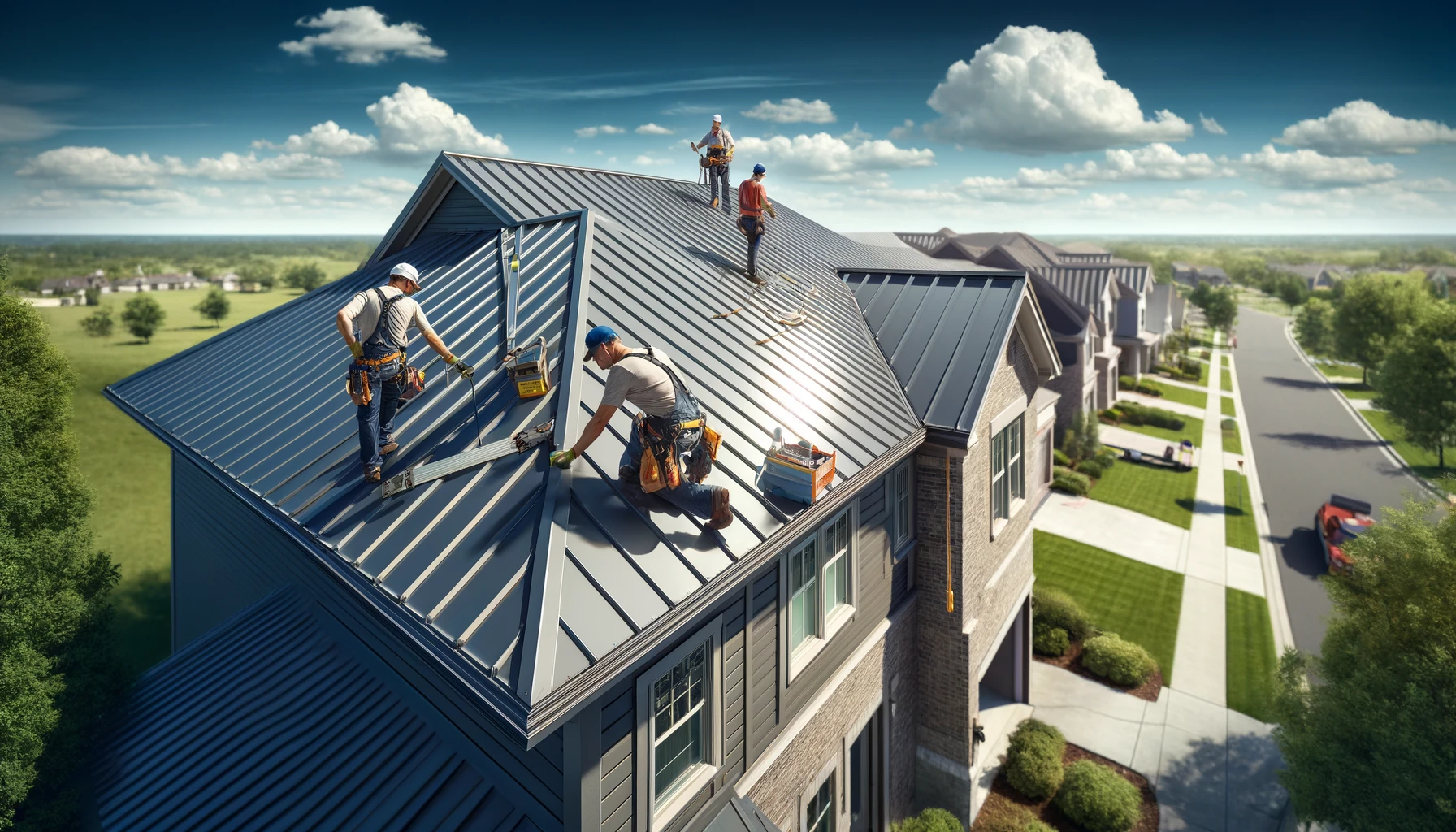 Installing a sleek, steel-gray metal roof on a suburban home under a clear sky.