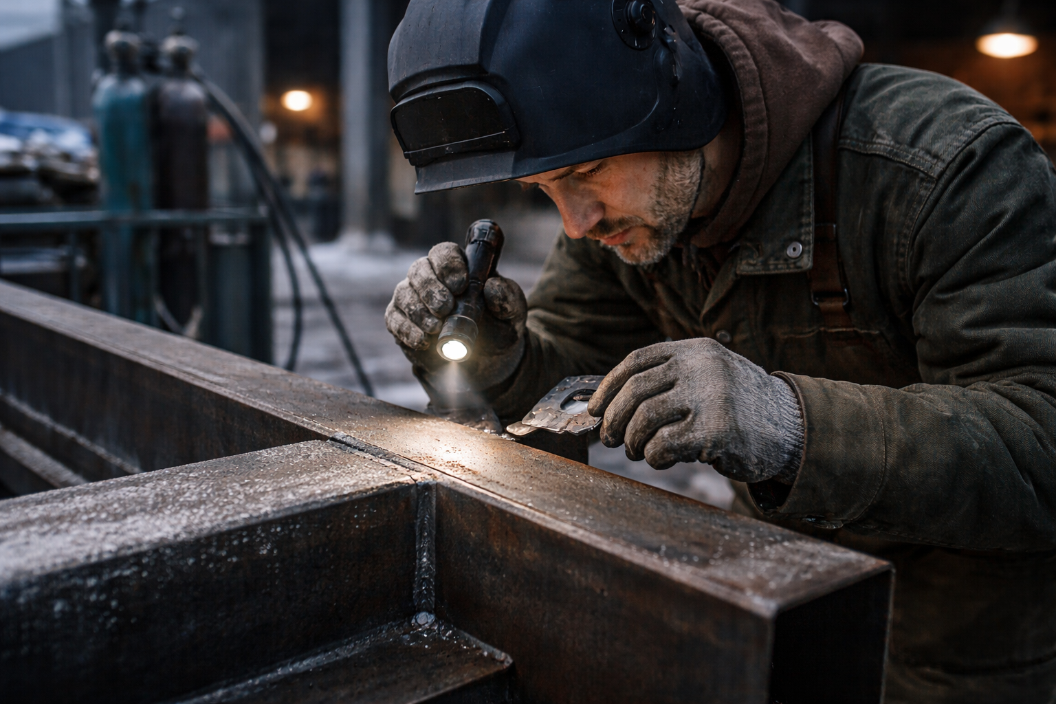 Welder inspecting steel beam outdoors